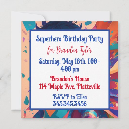 レッド&ブルーアニメスーパーヒーローボーイ誕生日 招待状 (裏面)