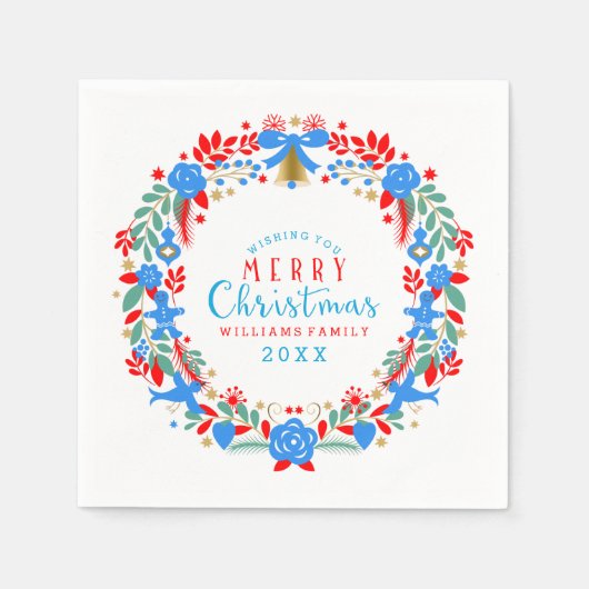 レッド&ブルークリスマスリースメリークリスマス スタンダードカクテルナプキン (正面)