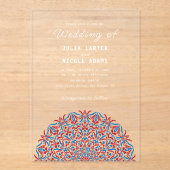 レッド&ブルーコーラルリーフマーブルストーンマンダラ結婚ズ アクリル招待状 (正面)