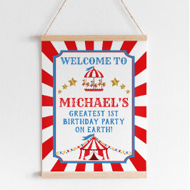 レッド&ブルーサーカスカーニバル誕生日ウェルカムサイン ポスター