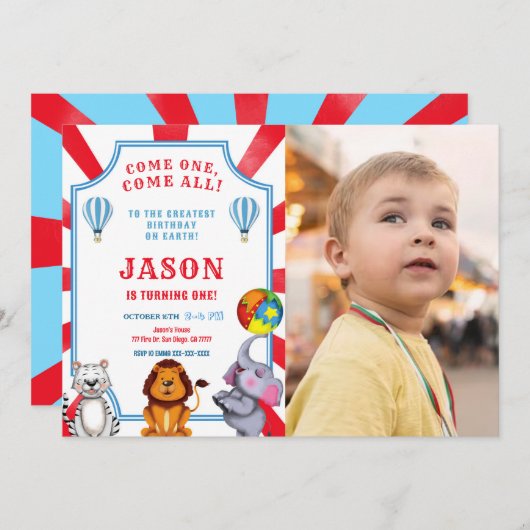 レッド&ブルーサーカスフォト招待状 招待状 (正面/裏面)