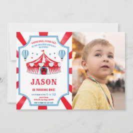 レッド&ブルーサーカス誕生日フォト招待状 招待状