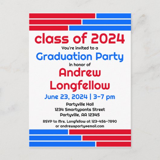 レッド&ブルーバー卒業パーティー インビテーションポストカード (正面)