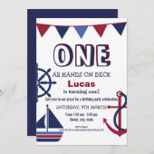 レッド&ブルーボーイズファースト誕生日航海の招待状 招待状 (正面/裏面)