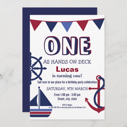 レッド&ブルーボーイズファースト誕生日航海の招待状 招待状 (正面/裏面)