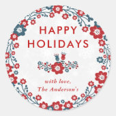 レッド&ブルーモダンクリスマスリースハッピーホリデイズ ラウンドシール (正面)