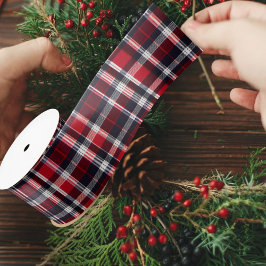 レッド ブルー タータン プラッド パターンの華やかなクリスマス サテンリボン