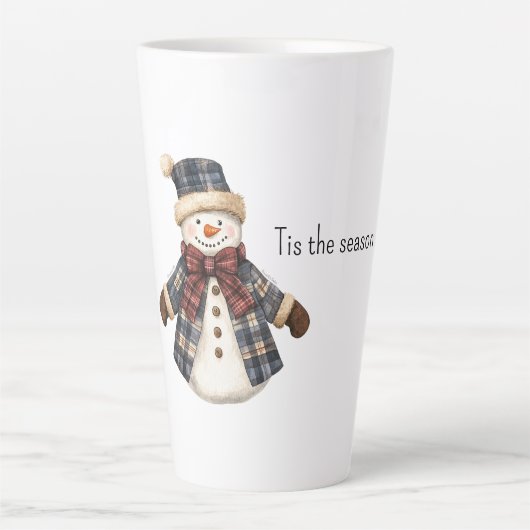 レッド ブルー プリント クリスマス スノーマン カフェラテマグ (正面)