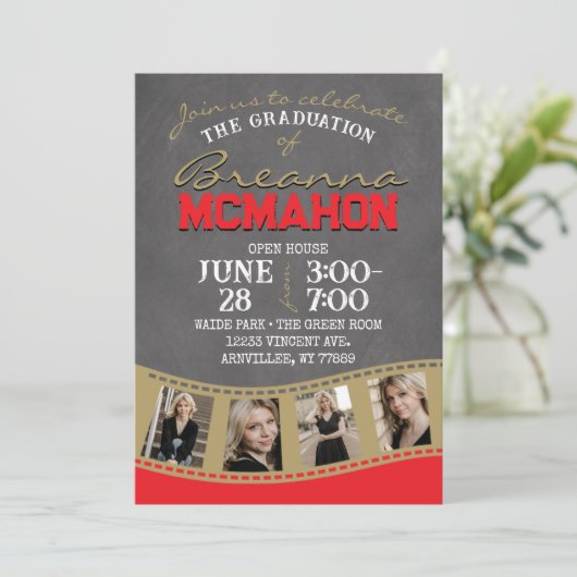 レッド&ブロンズ金ゴールドシャルボードフィルムストリップ卒業 招待状 (スタンド正面)