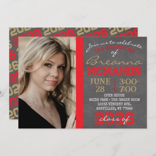 レッド&ブロンズ金ゴールドシャルボード卒業招待状 招待状 (正面/裏面)