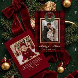 レッド プリント柄 メリークリスマス 写真入りグリーティングカード 招待状