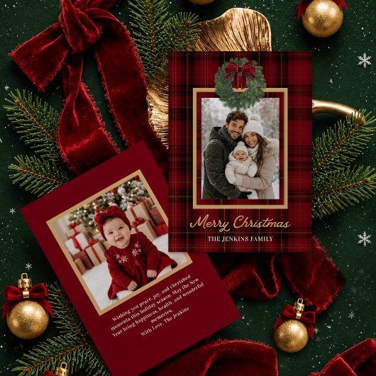 レッド プリント柄 メリークリスマス 写真入りグリーティングカード 招待状