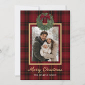 レッド プリント柄 メリークリスマス 写真入りグリーティングカード 招待状 (正面)