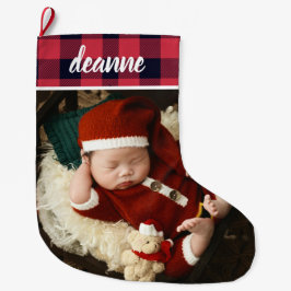 レッド プリント 赤ちゃんの初めてのクリスマス 1 写真  ラージクリスマスストッキング