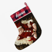 レッド プリント 赤ちゃんの初めてのクリスマス 1 写真  ラージクリスマスストッキング (裏面 (吊り時))