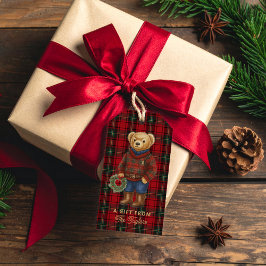 レッド プレピー プリント クリスマス テディベア ギフトタグ