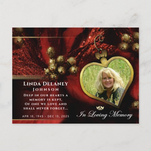 レッド ホリデー ハート フォト 哀悼 謝意 ポストカード (正面)