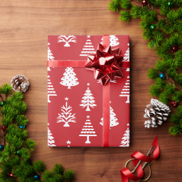 レッド&ホワイトのクリスマスツリーパターン ラッピングペーパー
