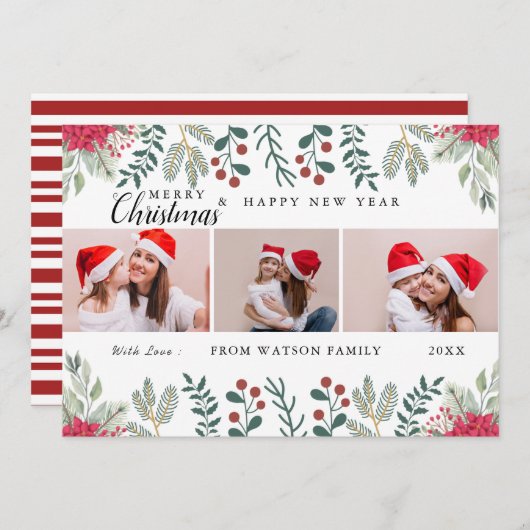 レッド&ホワイトキャンディーケインホリデーフォトコラージュカード シーズンカード (正面/裏面)