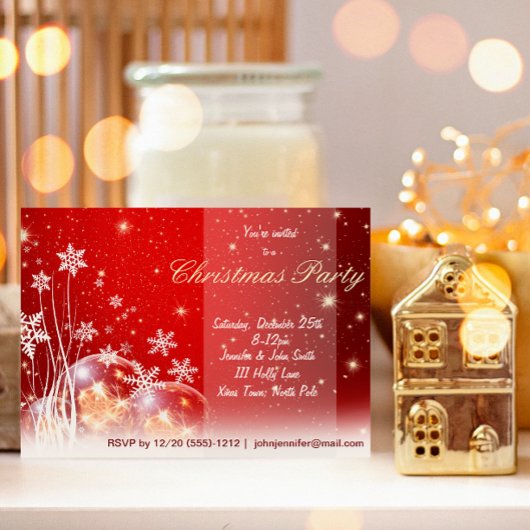 レッド&ホワイトスノーフレークオーナメントクリスマスパーティー 招待状