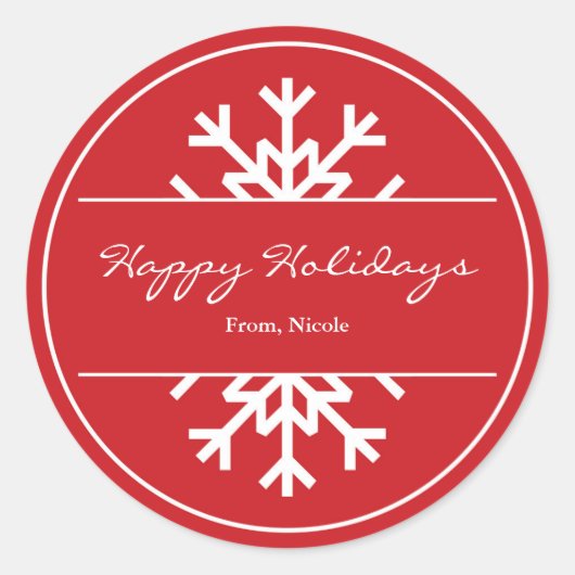 レッド&ホワイトスノーフレークホリデーウィンターステッカー ラウンドシール (正面)