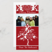 レッド&ホワイトダマスクパインホリデーファミリー写真 シーズンカード (正面/裏面)