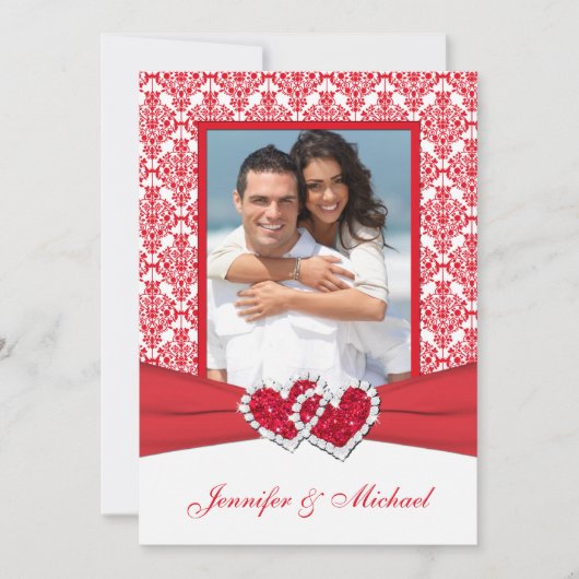 レッド&ホワイトダマスク&ハートフォト招待状 招待状 (正面)