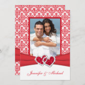 レッド&ホワイトダマスク&ハートフォト招待状 招待状 (正面/裏面)