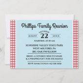 レッド&ホワイトチェックテーブルクロスブルーファミリー懇親会 招待状 (正面)