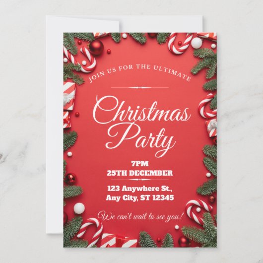 レッド&ホワイトフェスティバルクリスマスパーティの招待状 シーズンカード (正面)