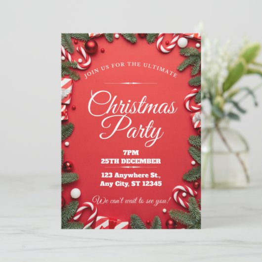 レッド&ホワイトフェスティバルクリスマスパーティの招待状 シーズンカード (スタンド正面)