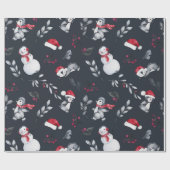 レッド&ホワイトホリデーペンギン&雪だるま炭 ラッピングペーパー (フラット)