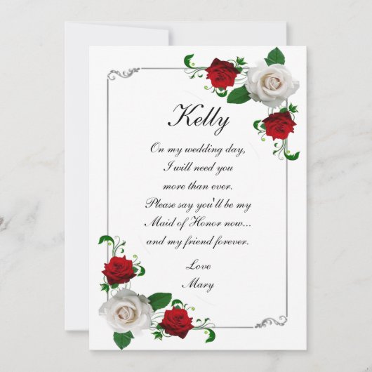 レッド&ホワイトローズクリスマス結婚のメイド・オブ・オーナー（花嫁付き添い人） 招待状 (正面)