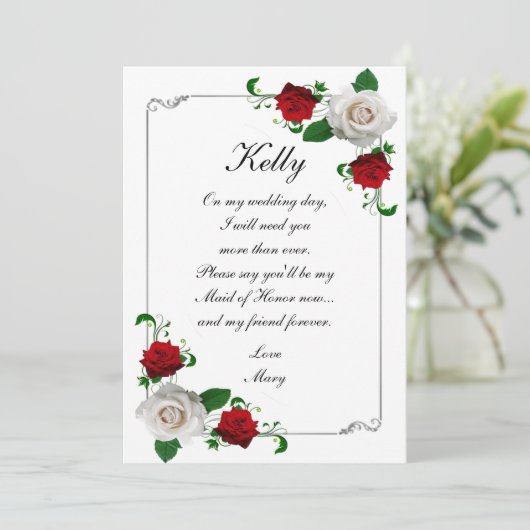 レッド&ホワイトローズクリスマス結婚のメイド・オブ・オーナー(花嫁付き添い人) 招待状 (スタンド正面)