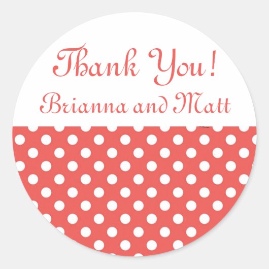レッド&ホワイト水玉模様サンキュー結婚ステッカー ラウンドシール (正面)