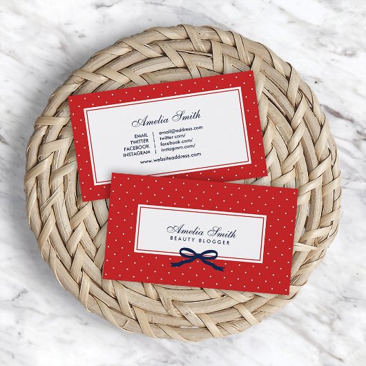 レッド&ホワイト水玉模様ブルーリボンソーシャルメディア 名刺