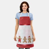 レッド&ホワイト水玉模様&ジンジャーブレッドマンクリスマス エプロン (着用した状態)
