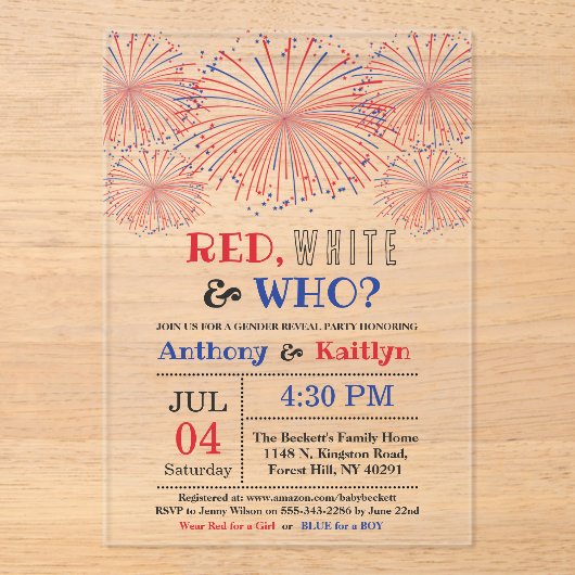レッド、ホワイト、そして誰が？7月4日ジェンダー発表パーティー アクリル招待状 (正面)