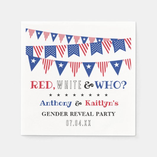レッド、ホワイト、そして誰が?7月4日ジェンダー発表パーティー スタンダードカクテルナプキン (正面)
