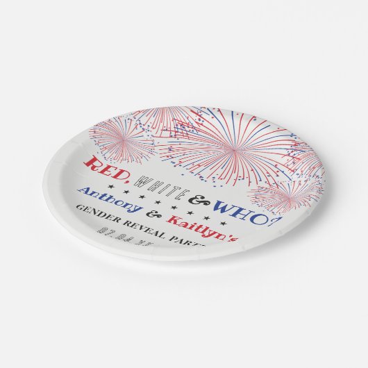レッド、ホワイト、そして誰が?7月4日ジェンダー発表パーティー ペーパープレート (アングル)