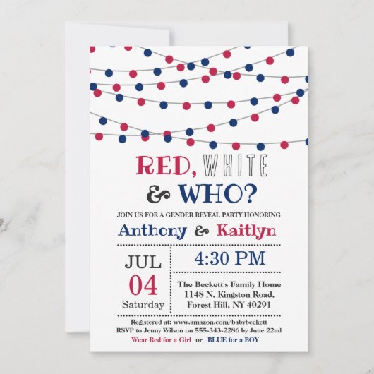 レッド、ホワイト、そして誰が?7月4日ジェンダー発表パーティー 招待状 (正面)