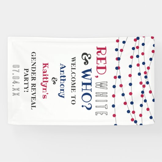 レッド、ホワイト、そして誰が？7月4日ジェンダー発表パーティー 横断幕 (横)