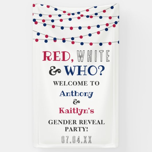 レッド、ホワイト、そして誰が?7月4日ジェンダー発表パーティー 横断幕 (縦)