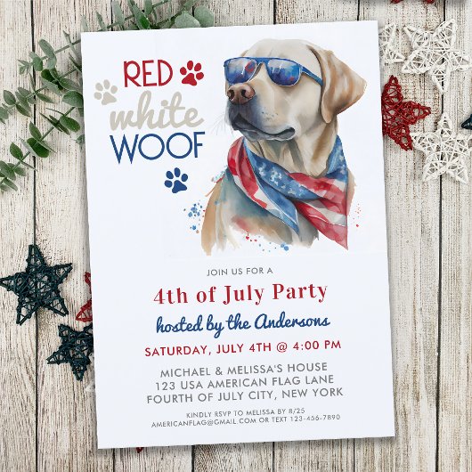 レッド・ホワイト・ウーフ 愛国的なラブラドール犬 4th of July 招待状
