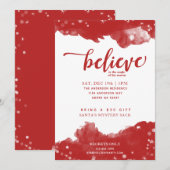 レッド＆ホワイト スパークル ビリーブ イン ザ マジック クリスマス 招待状 (正面/裏面)