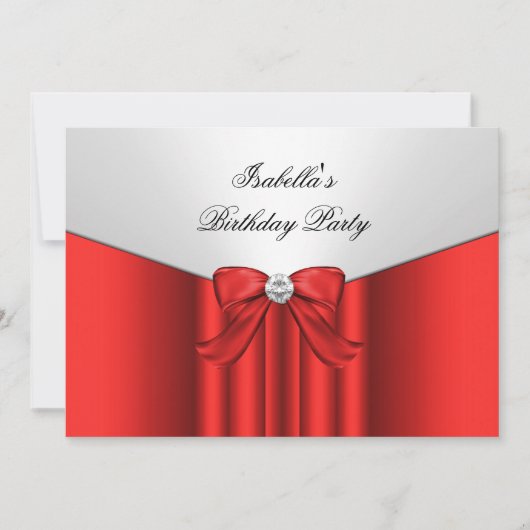 レッド・ホワイト・バースデーパーティー・ダイヤモンド・リボン 招待状 (正面)