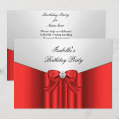 レッド・ホワイト・バースデーパーティー・ダイヤモンド・リボン 招待状 (正面/裏面)