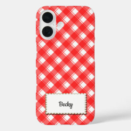 レッド ホワイト レトロ ギンガムチェック柄 カスタム iPhone 16ケース