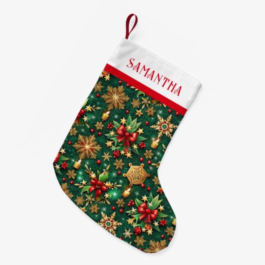 レッド・ポインセチアのトロピカル・クリスマスパターン スモールクリスマスストッキング (正面 (吊り時))