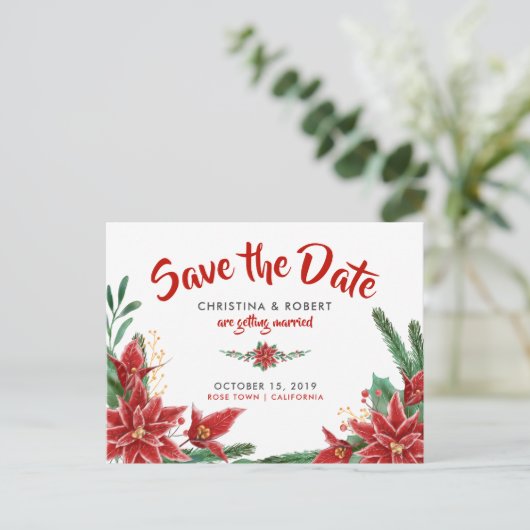 レッド·ポインセティア·クリスマス·ウェディング·セーブ·ザ·デート 案内ポストカード (スタンド正面)
